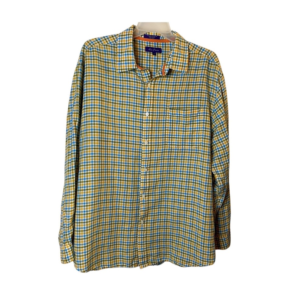 Alan Flusser Mens XXL Linen Cotton Long Sleeve Button up Shirt Blue Yellow Check